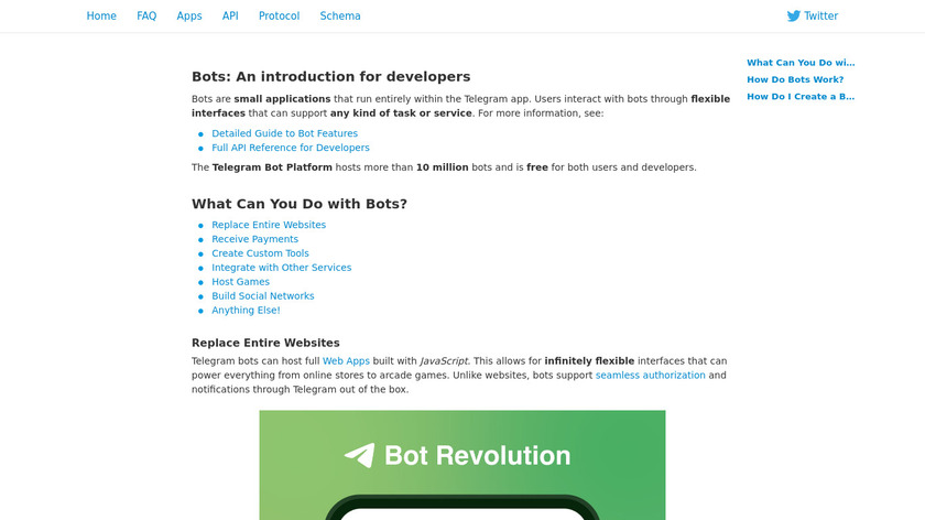 Telegram bot API Landing Page