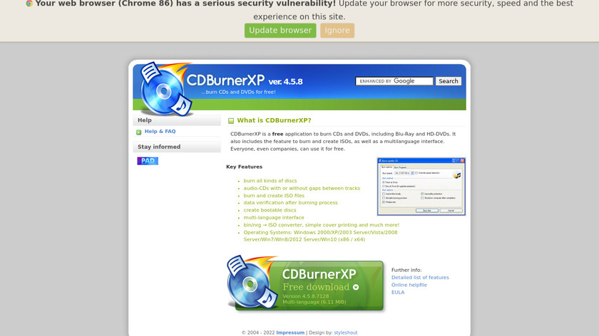 CDBurnerXP Landing Page