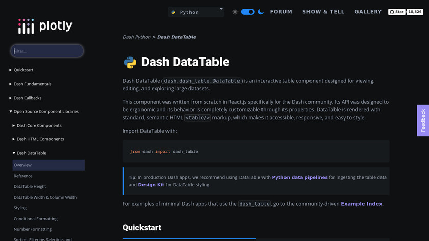 Dash DataTable Landing Page