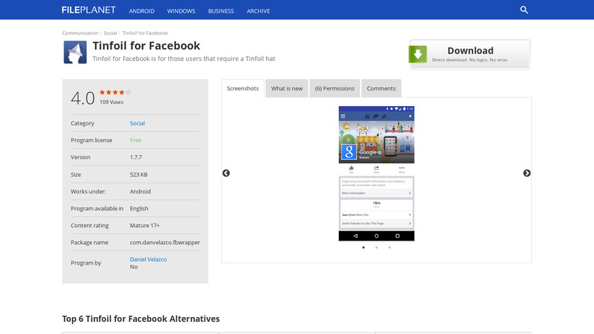 Tinfoil for Facebook Landing Page