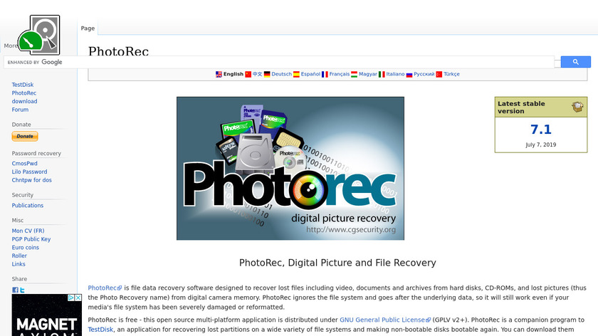 PhotoRec Landing Page