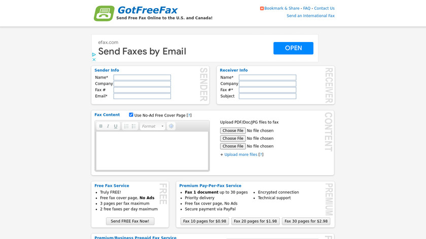 GotFreeFax Landing Page