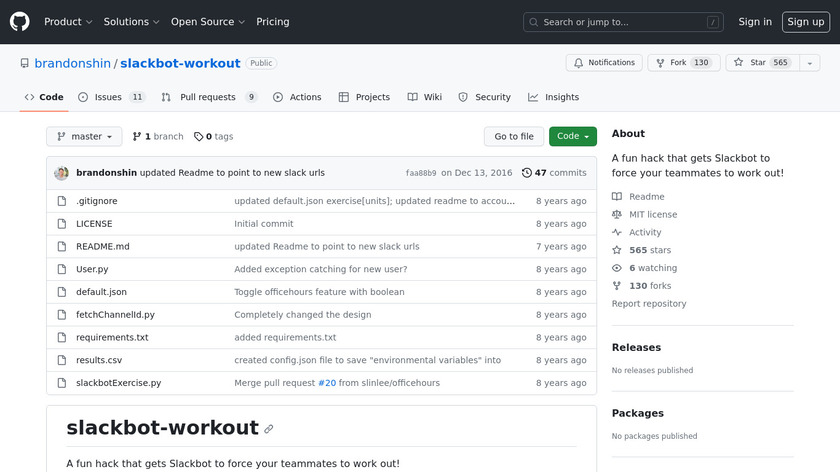 Slackbot Workout Landing Page