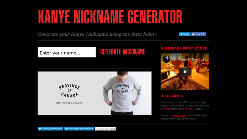Kanye Nickname Generator Landing Page
