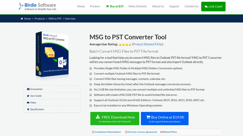 Birdie MSG to PST Converter Landing Page