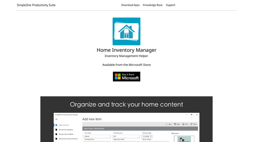 SimpleOne Home Inventory Manager Landing Page
